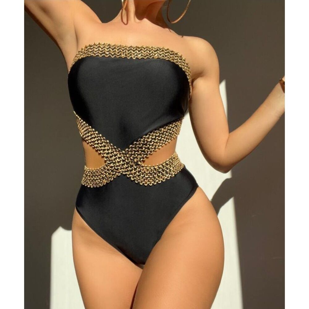 New Women's Small Stitch Cut Out One Piece Swimsuit Black & Gold Swimwear